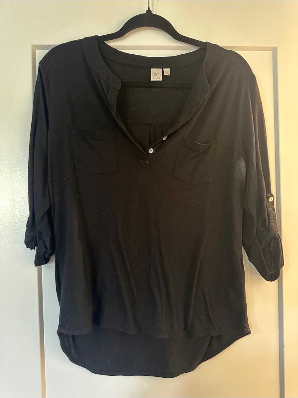 twik Black V-Neck Henley Roll-Tab Tunic